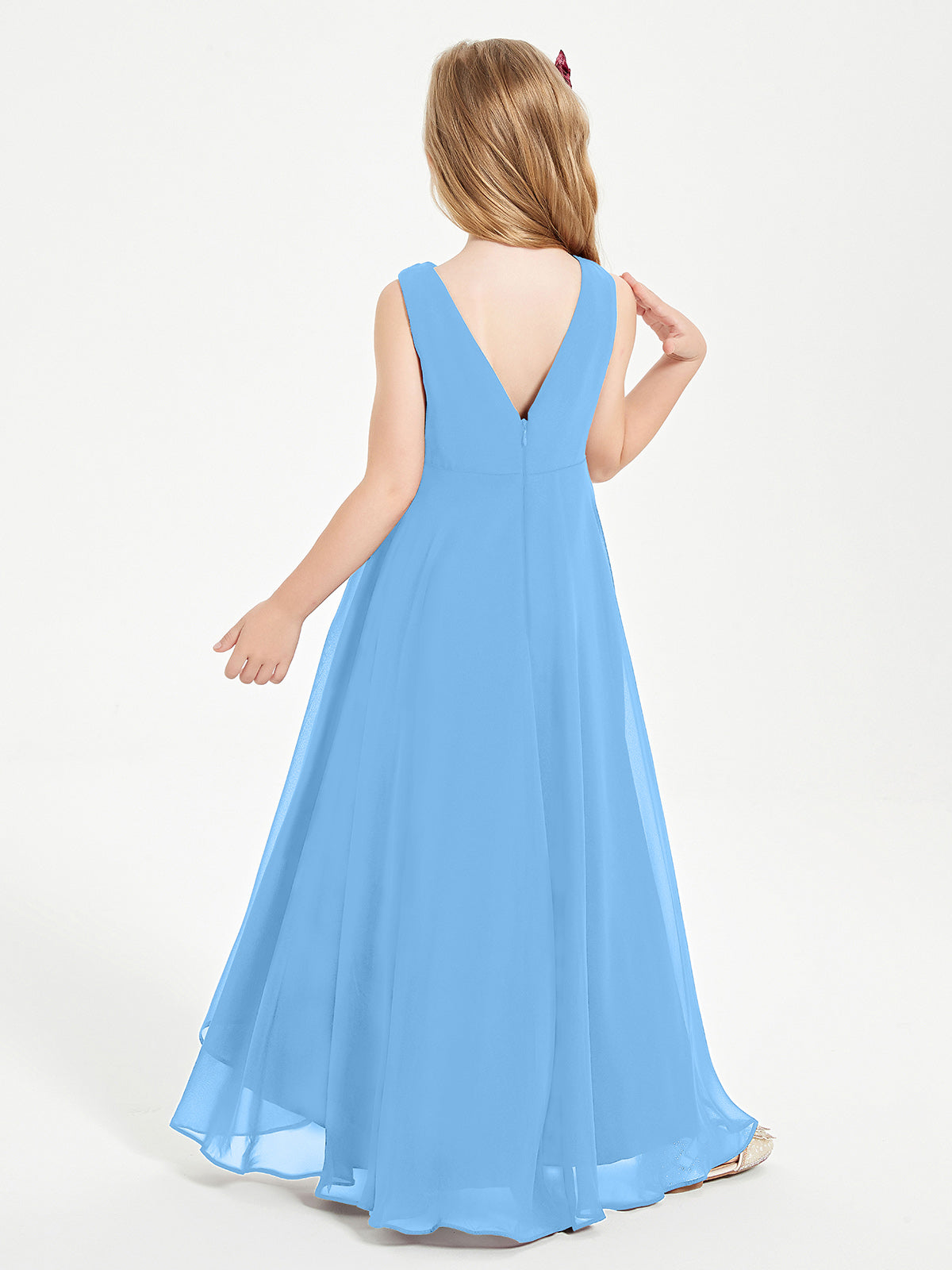 Modern Asymmetrical Cowl Neck Junior Bridesmaid Dresses Blue